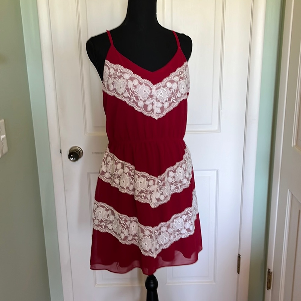 Red dress with white lace chevron, size M